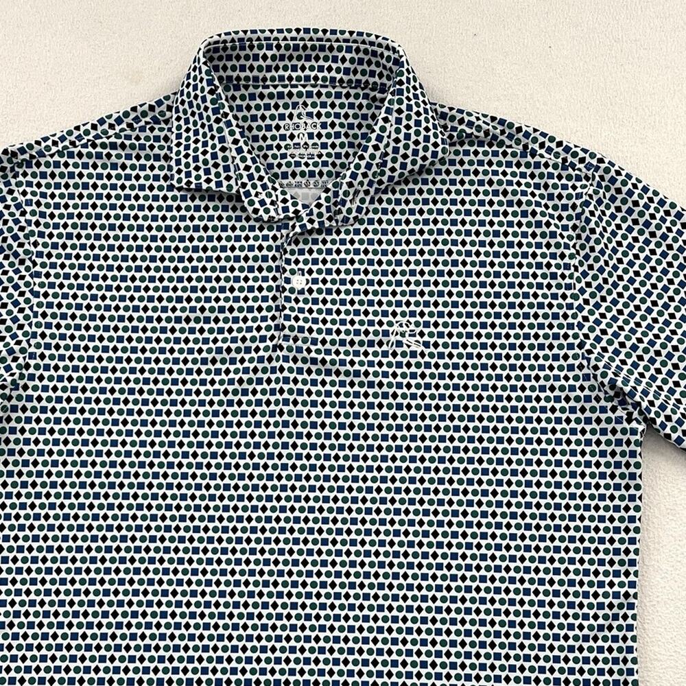 Rhoback Green Black Blue Geo Print Performance Stretch Short Sleeve Polo Shirt M